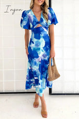 Ingvn - Sexy Vacation Gradual Change Print Hollowed Out V Neck A Line Dresses Dresses/Summer