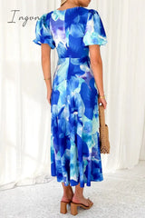 Ingvn - Sexy Vacation Gradual Change Print Hollowed Out V Neck A Line Dresses Dresses/Summer