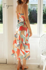 Ingvn - Sexy Vacation Print Slit Contrast U Neck Printed Dress Dresses Dresses/Summer