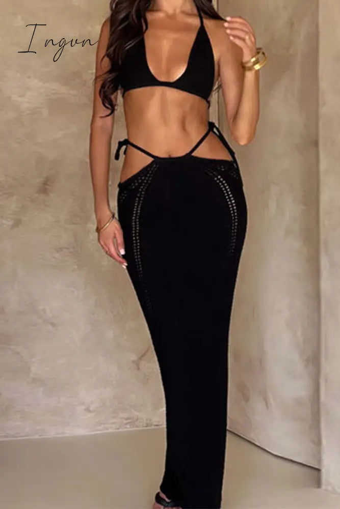 Ingvn - Sexy Vacation Solid Backless Strap Design Halter Sleeveless Two Pieces Pieces/Two-Piece
