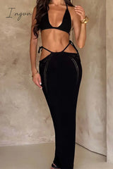 Ingvn - Sexy Vacation Solid Backless Strap Design Halter Sleeveless Two Pieces Pieces/Two-Piece