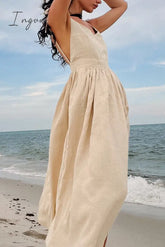 Ingvn- Sexy Vacation Solid Bandage Backless V Neck Beach Dress Dresses Dresses/Summer