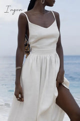 Ingvn- Sexy Vacation Solid Bandage Backless V Neck Beach Dress Dresses Dresses/Summer