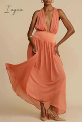 Ingvn - Sexy Vacation Solid Frenulum Backless V Neck Beach Dress Dresses Tangerine Red / S