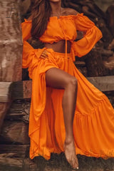 Ingvn - Sexy Vacation Solid Frenulum Off The Shoulder Long Sleeve Two Pieces(4 Colors) Orange / S