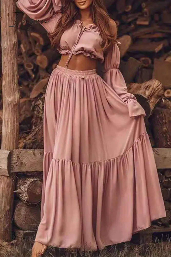Ingvn - Sexy Vacation Solid Frenulum Off The Shoulder Long Sleeve Two Pieces(4 Colors) Pink / S