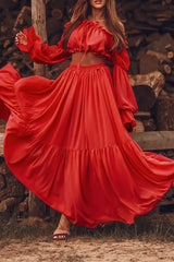 Ingvn - Sexy Vacation Solid Frenulum Off The Shoulder Long Sleeve Two Pieces(4 Colors) Red / S