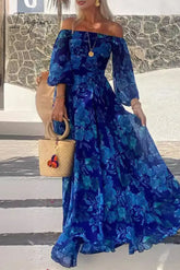 Ingvn - Sexy Vintage Print Flowers Patchwork Off The Shoulder A Line Dresses Blue / S