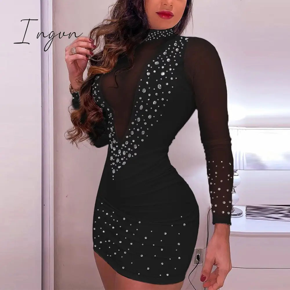 Ingvn - Sexy Women Sequined Diamond Party Dresses Fashion Long Sleeve Mesh Sheer Mini Dress Elegant