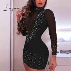 Ingvn - Sexy Women Sequined Diamond Party Dresses Fashion Long Sleeve Mesh Sheer Mini Dress Elegant