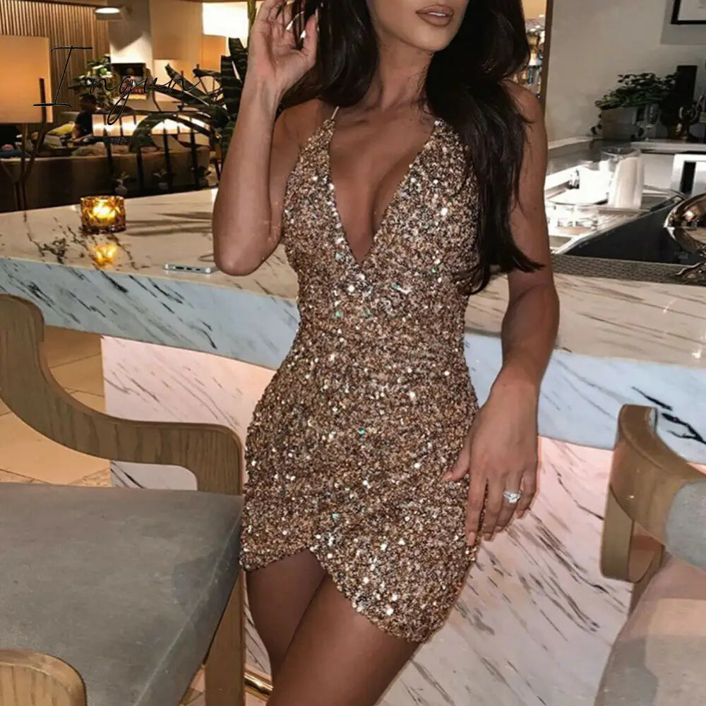Ingvn - Sexy Women Sequins Glitter Sparkle Deep V Neck Halter Backless Bodycon Short Mini Dress