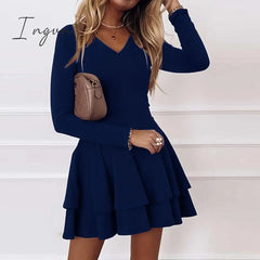 Ingvn - Sexy Women V Neck Pleated Party Dress Spring Solid Casual Long Sleeve Loose Elegant Autumn
