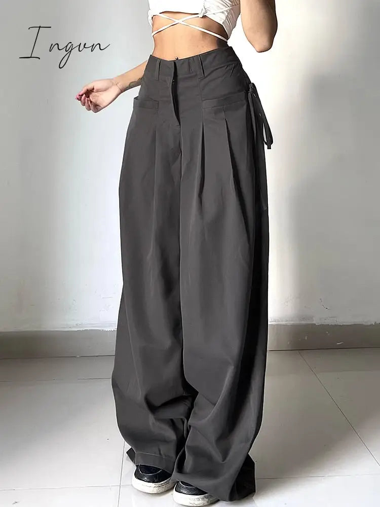 Ingvn - Shirring Casual Wide Leg Pants Women High Waist Street Basic Loose Sweat Trousers Korean