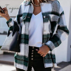 Ingvn - Shirts For Women Plaid Long Sleeve Button Up Shirt Collared Tops And Blouse Autumn Spring