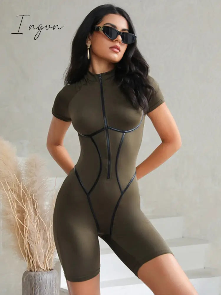 Ingvn - Short Sleeve Sexy Skinny Playsuit Women Autumn New Zipper Pu Leather Striped Bodycon