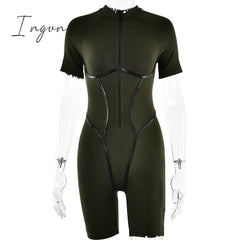 Ingvn - Short Sleeve Sexy Skinny Playsuit Women Autumn New Zipper Pu Leather Striped Bodycon