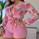 Ingvn - Shorts Sets Women’s Summer Suit High Waist Longsleev Shirts Two Piece Set Printed Leisure