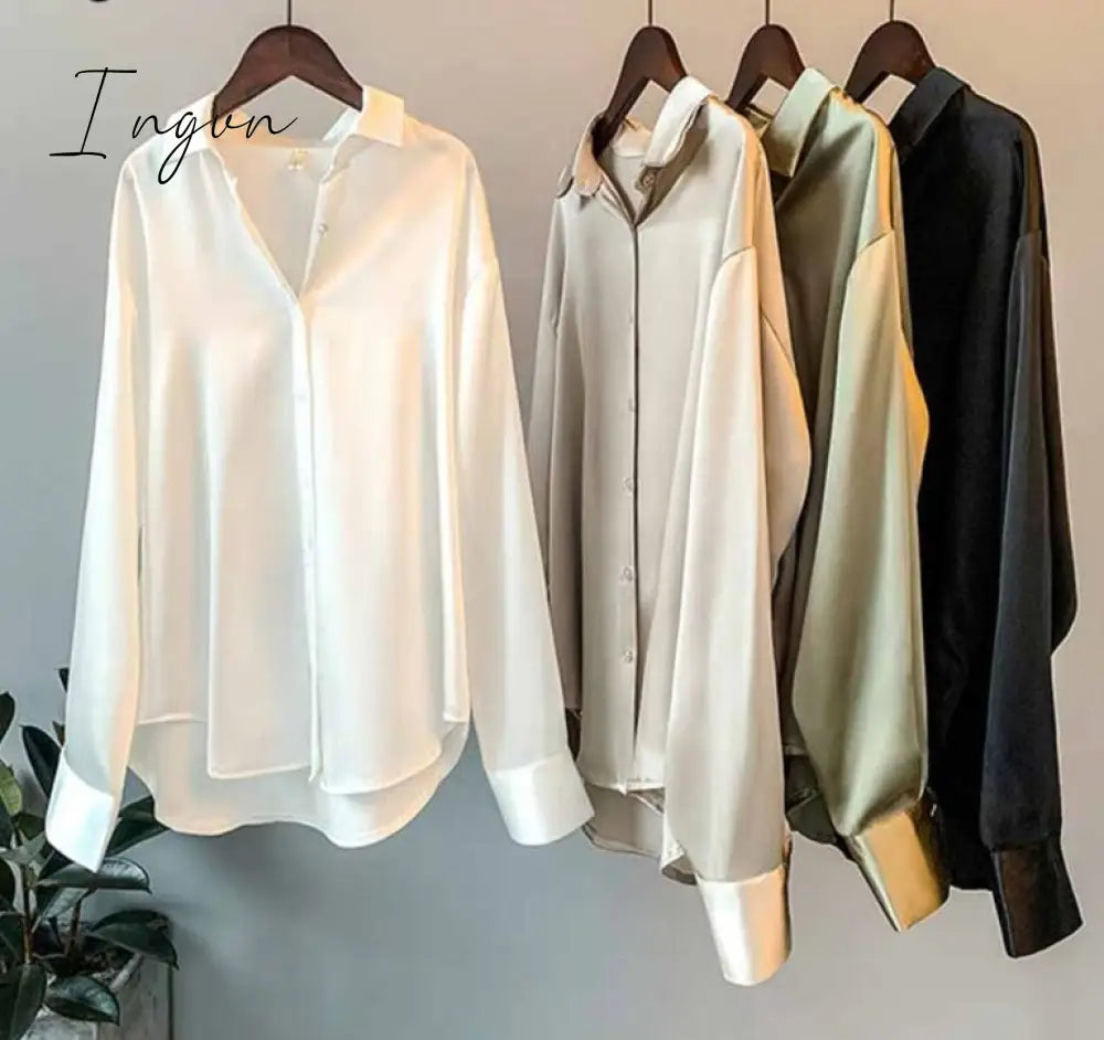 Ingvn - Silk Korean Office Ladies Elegant Shirt Blouse Women Fashion Button Up Satin Vintage White