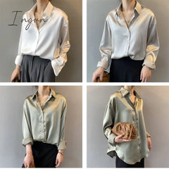 Ingvn - Silk Korean Office Ladies Elegant Shirt Blouse Women Fashion Button Up Satin Vintage White