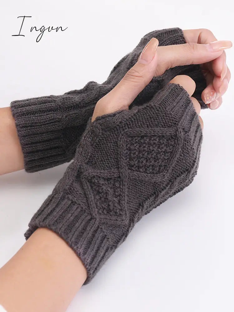 Ingvn - Simple 9 Colors Jacquard Knitting Gloves Deep Gray / Free Size Warmers