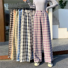 Ingvn - Simple Vintage Plaid Causal Long Women Pants Street Fashion Straight Wide Leg Pant