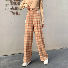 Ingvn - Simple Vintage Plaid Causal Long Women Pants Street Fashion Straight Wide Leg Pant Orange /