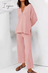 Ingvn - Simplicity Solid Buttons O Neck Long Sleeve Two Pieces Pink / S Pieces/Two-Piece Pants Set