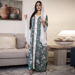 Ingvn - Siskakia Ethnic V Neck Ribbon Maxi Dress Fall Loose Muslim Jalabiya Abaya Dresses Full