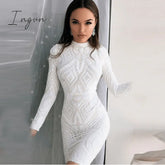 Ingvn - Slash Neck Slim Lace Fishtail Dress Party Women Elegant Long Sleeve Embroidered White