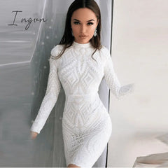 Ingvn - Slash Neck Slim Lace Fishtail Dress Party Women Elegant Long Sleeve Embroidered White