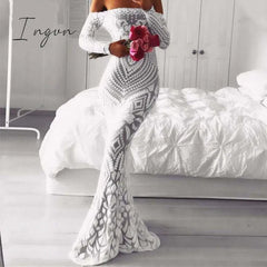 Ingvn - Slash Neck Slim Lace Fishtail Dress Party Women Elegant Long Sleeve Embroidered White