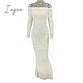 Ingvn - Slash Neck Slim Lace Fishtail Dress Party Women Elegant Long Sleeve Embroidered White
