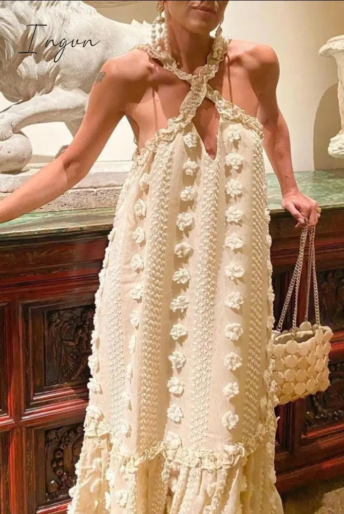 Ingvn - Sleeveless Halter Maxi Summer Dress For Women Fashion Ruffle Beach Long Robe Elegant Slip