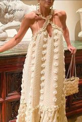 Ingvn - Sleeveless Halter Maxi Summer Dress For Women Fashion Ruffle Beach Long Robe Elegant Slip