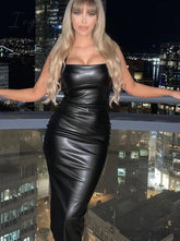 Ingvn - Sleeveless Leather Bodycon Midi Dress Women Summer Sexy Fashion Clothes Elegant Party
