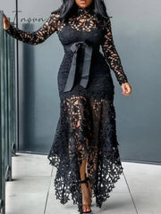 Ingvn - Slim Sexy Dress Women Spaghetti Straps Lace Mesh Perspective Party Fishtail Patchwork Midi
