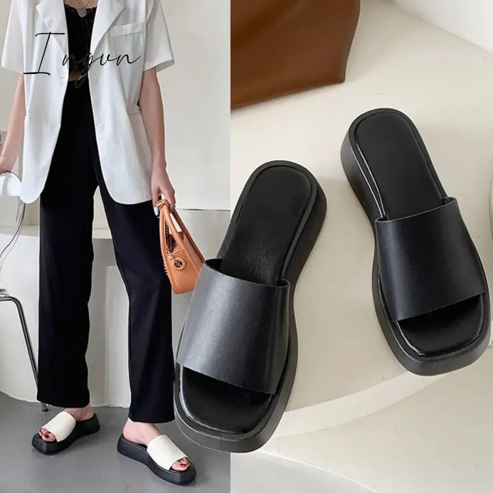 Ingvn - Slippers Women Thick Bottom Wedge Heel Outer Wear Summer New White Fashion Muffin Flat