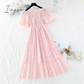 Ingvn - Small Daisies Embroidery Mesh Dresses Women Sexy Off The Shoulder French Vintage Party