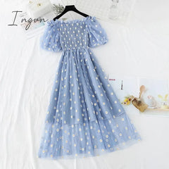 Ingvn - Small Daisies Embroidery Mesh Dresses Women Sexy Off The Shoulder French Vintage Party