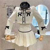 Ingvn - Small Fragrance Tweed 2 Piece Set Women Bow Short Jacket Coat + Skirt Suits Korean Sweet