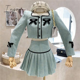 Ingvn - Small Fragrance Tweed 2 Piece Set Women Bow Short Jacket Coat + Skirt Suits Korean Sweet