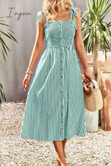 Ingvn - Smocked Tie Strap Sleeveless Striped Midi Dress