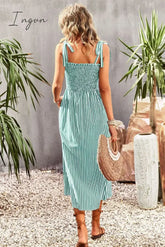 Ingvn - Smocked Tie Strap Sleeveless Striped Midi Dress