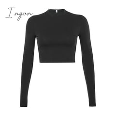 Ingvn - Solid Basic Long Sleeve Womens Tshirt Casual Black White Fashion Crop Top T Shirt Ladies