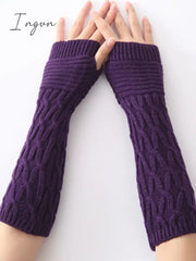 Ingvn - Solid Color Keep Warm Jacquard Knitted Sleevelet Purple / Free Size Warmers