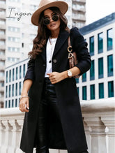 Ingvn - Solid Color Long Sleeve Suit Collar Woolen Coat Black / S