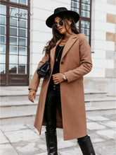 Ingvn - Solid Color Long Sleeve Suit Collar Woolen Coat Khaki / S
