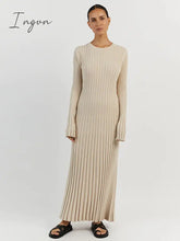 Ingvn - Solid Color Round Neck Long Sleeved Knitted Dress Women Pleated Slim White Robes 2023