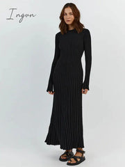 Ingvn - Solid Color Round Neck Long Sleeved Knitted Dress Women Pleated Slim White Robes 2023
