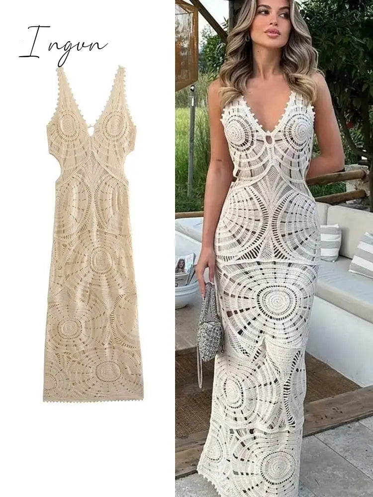 Ingvn - Solid Knitted Hollow Out Crochet Long Dresses Elegant V-Neck Sleeveless Backless Vestidos